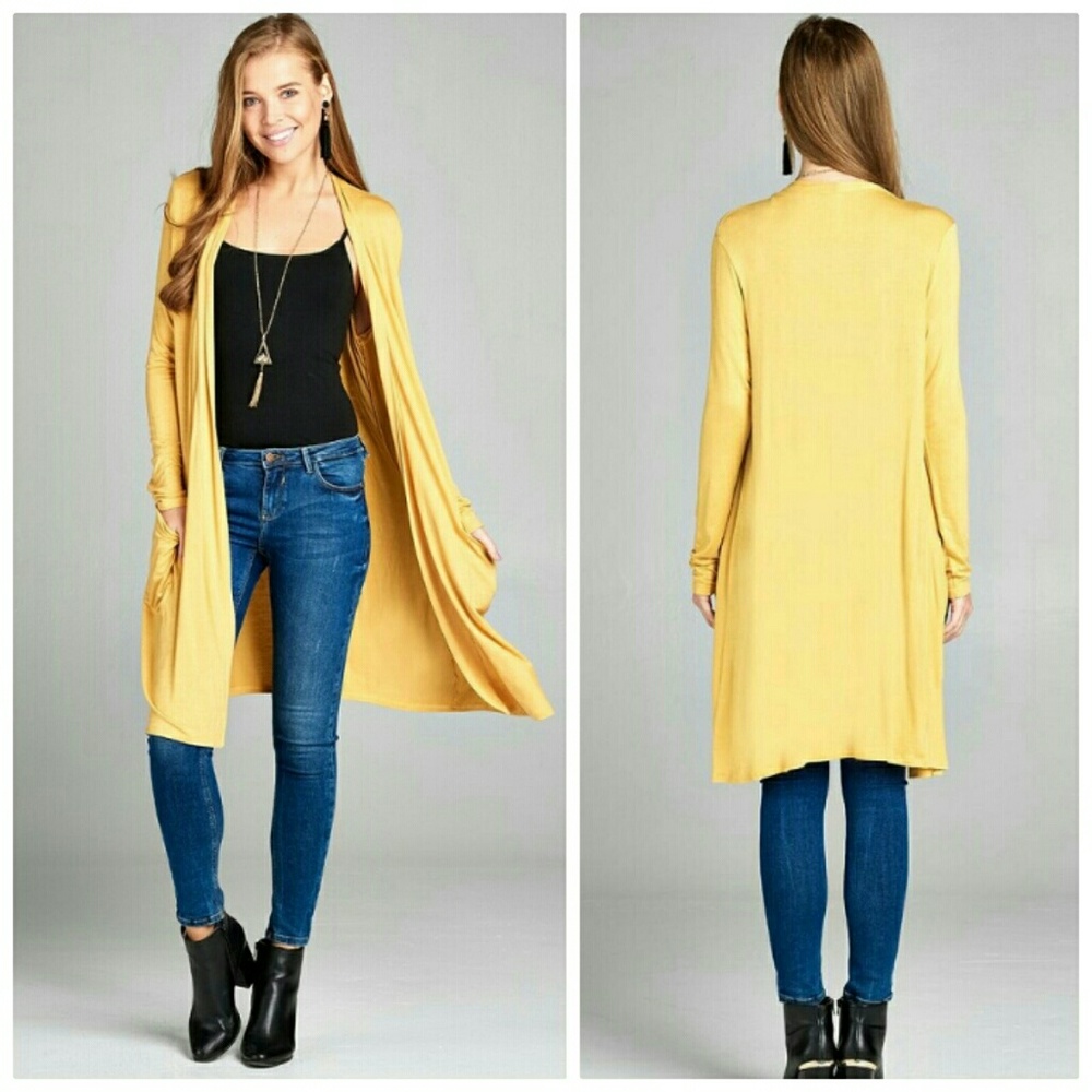 Yellow long open front cardigan with pockets